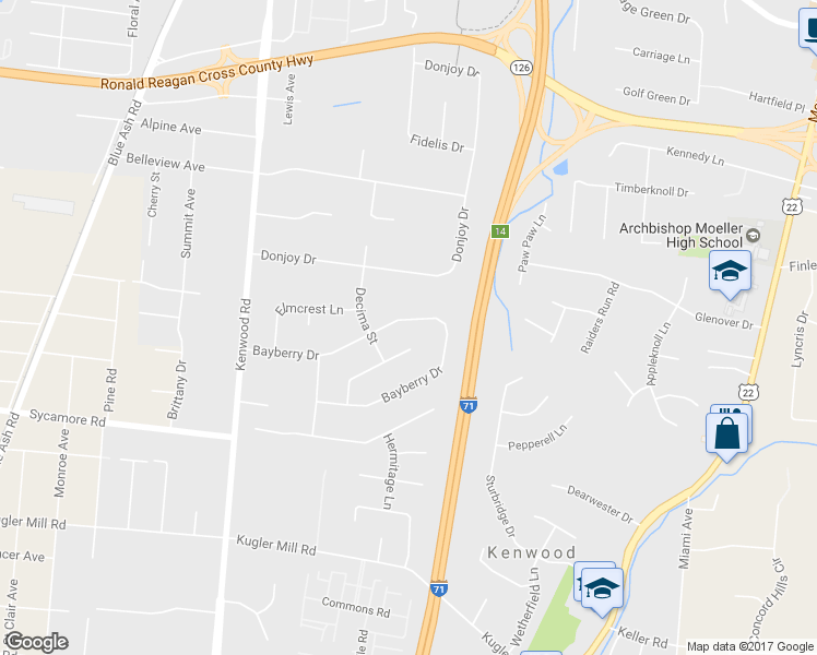 map of restaurants, bars, coffee shops, grocery stores, and more near 5615 Bayberry Drive in Cincinnati