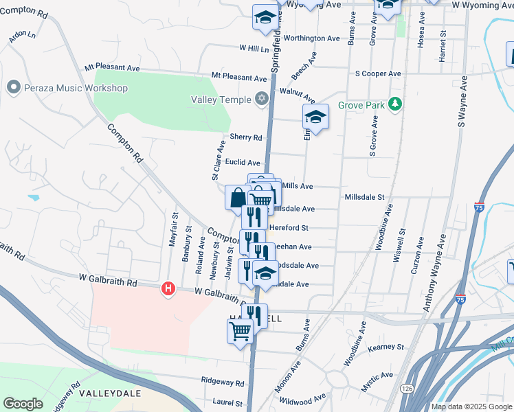 map of restaurants, bars, coffee shops, grocery stores, and more near 8451 Springfield Pike in Cincinnati