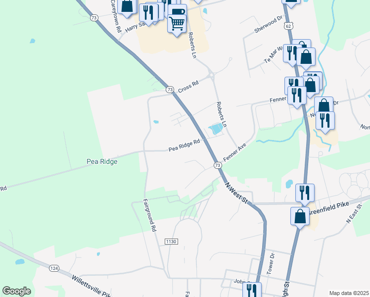 map of restaurants, bars, coffee shops, grocery stores, and more near 7608 Pea Ridge Road in Hillsboro
