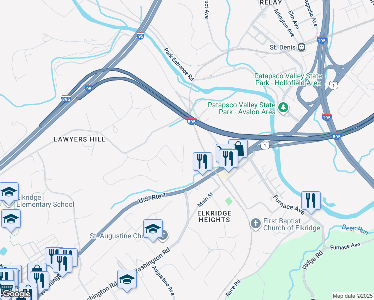 map of restaurants, bars, coffee shops, grocery stores, and more near 6016 North Meyer Drive in Elkridge