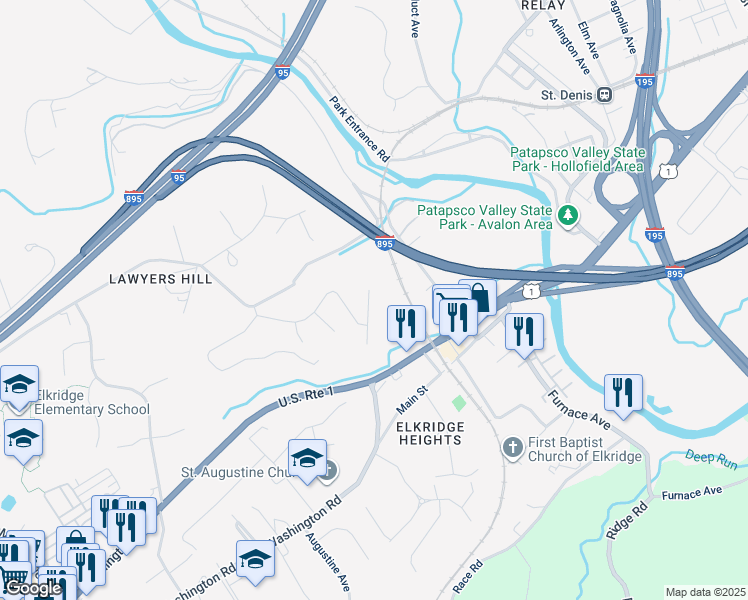 map of restaurants, bars, coffee shops, grocery stores, and more near 6016 North Meyer Drive in Elkridge
