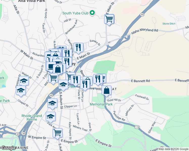 map of restaurants, bars, coffee shops, grocery stores, and more near 311 East Maryland Drive in Grass Valley