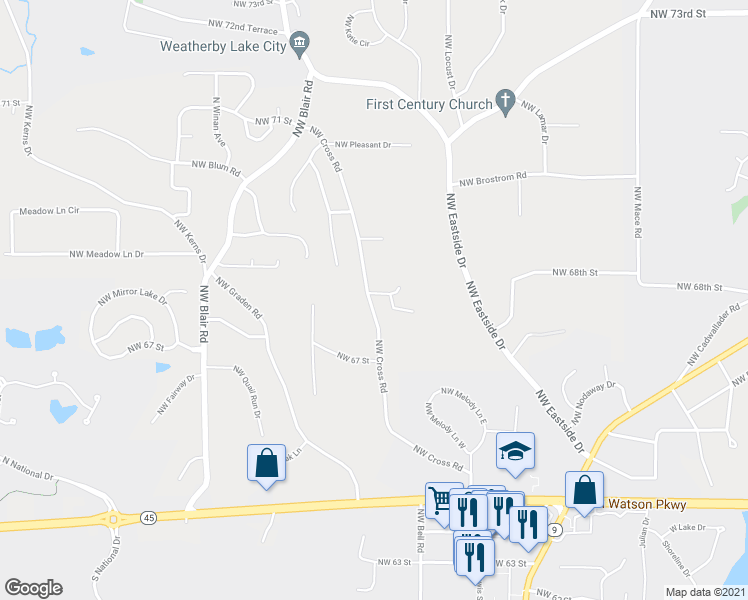 map of restaurants, bars, coffee shops, grocery stores, and more near 9321 Northwest 68th Street in Kansas City