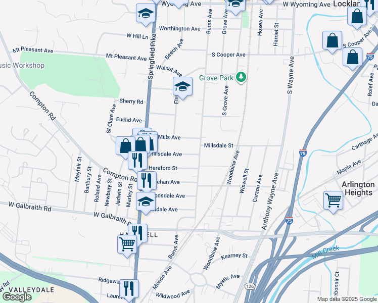 map of restaurants, bars, coffee shops, grocery stores, and more near 8453 Burns Avenue in Cincinnati