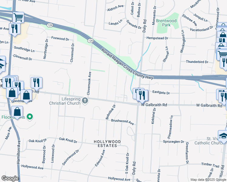 map of restaurants, bars, coffee shops, grocery stores, and more near 8268 Bobolink Avenue in Cincinnati