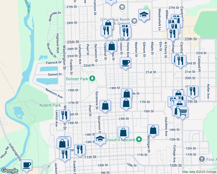 map of restaurants, bars, coffee shops, grocery stores, and more near 1903 Chestnut Street in Columbus