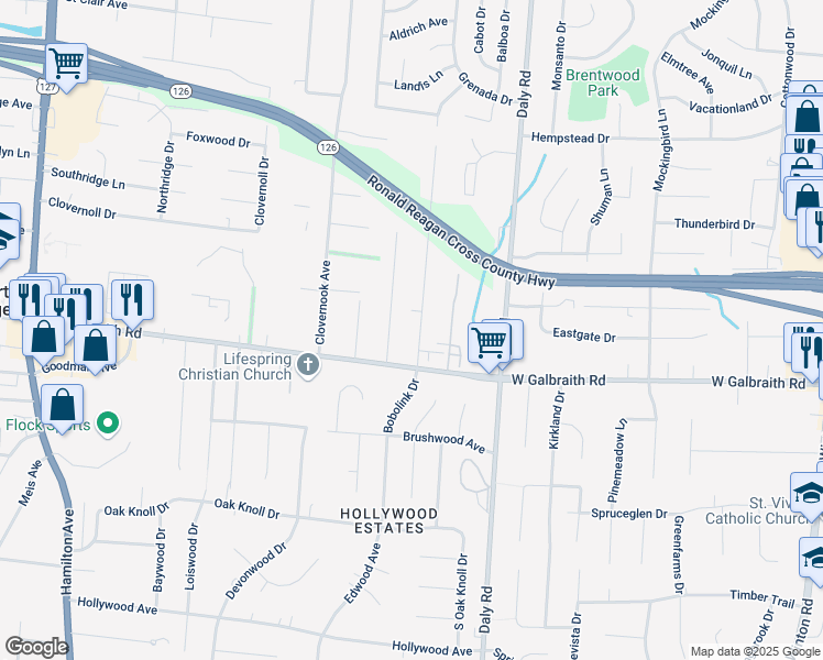 map of restaurants, bars, coffee shops, grocery stores, and more near 8268 Bobolink Avenue in Cincinnati