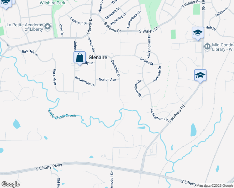 map of restaurants, bars, coffee shops, grocery stores, and more near 308 Campbell Drive in Liberty