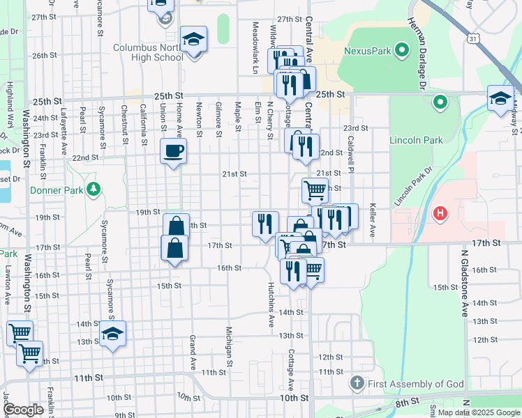 map of restaurants, bars, coffee shops, grocery stores, and more near 1610 19th Street in Columbus