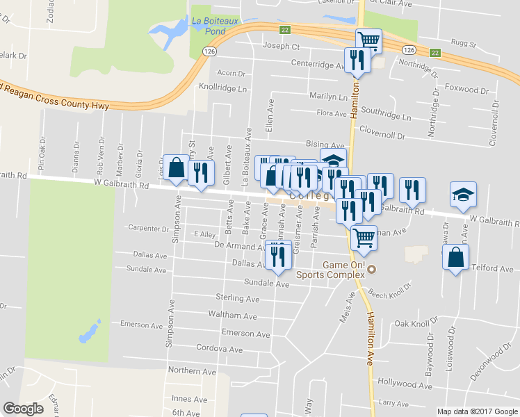 map of restaurants, bars, coffee shops, grocery stores, and more near 6839 Grace Avenue in Cincinnati