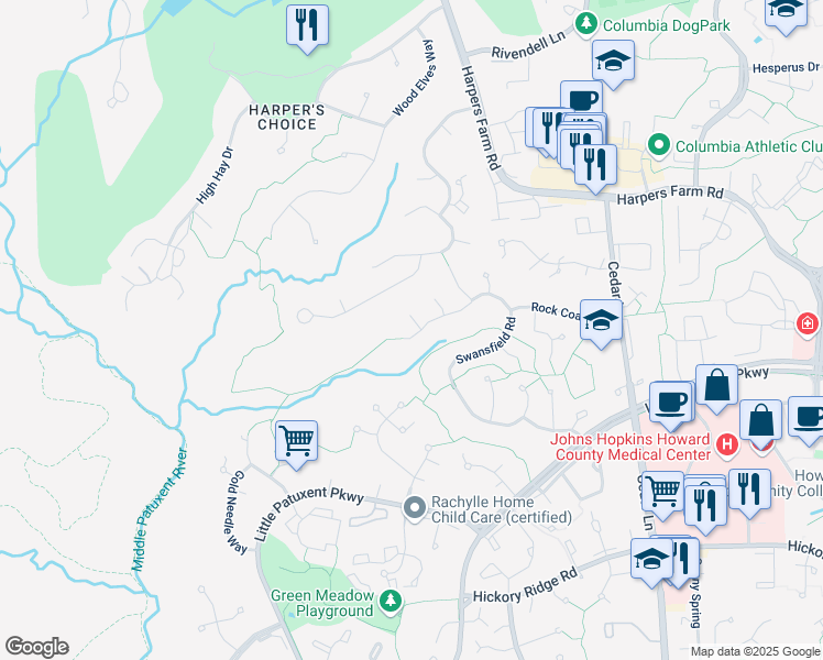 map of restaurants, bars, coffee shops, grocery stores, and more near 11101 Youngtree Court in Columbia