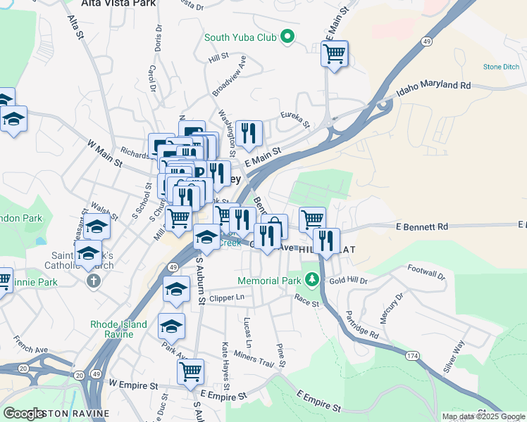 map of restaurants, bars, coffee shops, grocery stores, and more near Bennett Street & Depot Street in Grass Valley