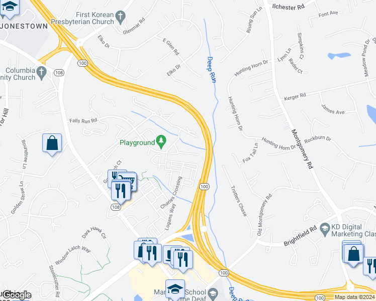 map of restaurants, bars, coffee shops, grocery stores, and more near 8607 Falls Run Road in Ellicott City