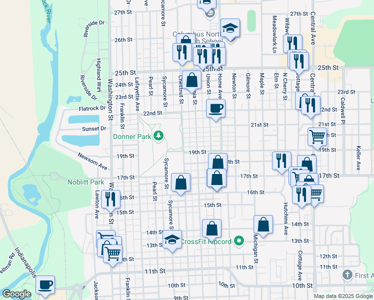 map of restaurants, bars, coffee shops, grocery stores, and more near 1903 Chestnut Street in Columbus