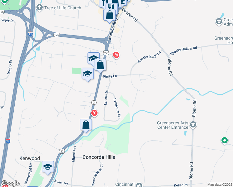 map of restaurants, bars, coffee shops, grocery stores, and more near 8920 Sandymar Drive in Cincinnati