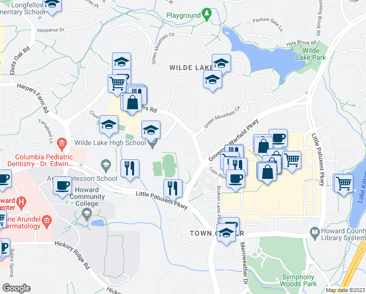 map of restaurants, bars, coffee shops, grocery stores, and more near 10304 Daystar Court in Columbia