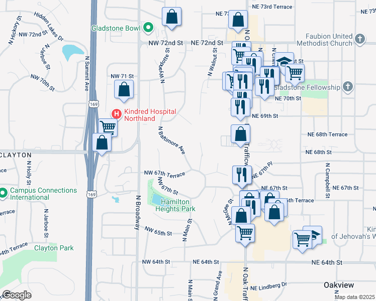 map of restaurants, bars, coffee shops, grocery stores, and more near 6801 North Baltimore Avenue in Kansas City