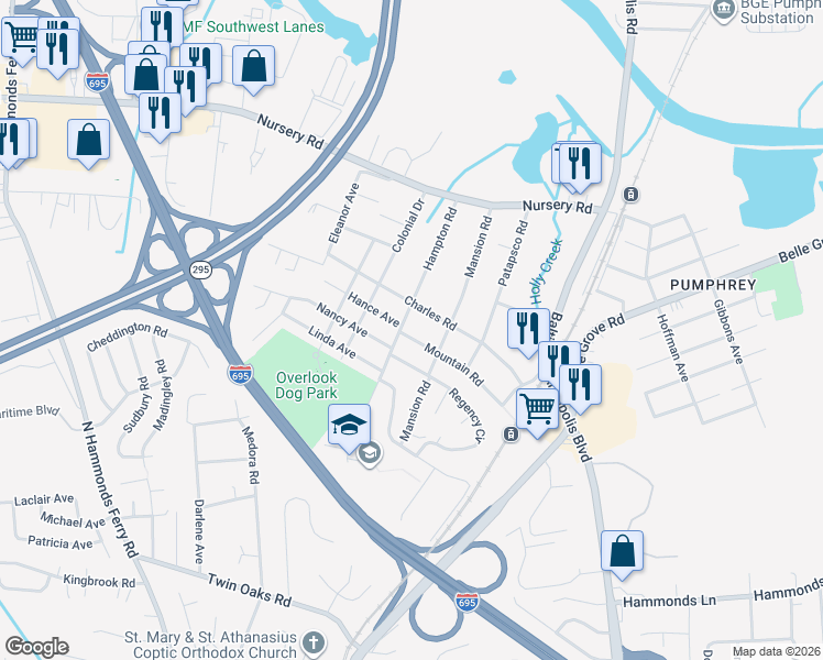 map of restaurants, bars, coffee shops, grocery stores, and more near 210 Mountain Road in Linthicum Heights
