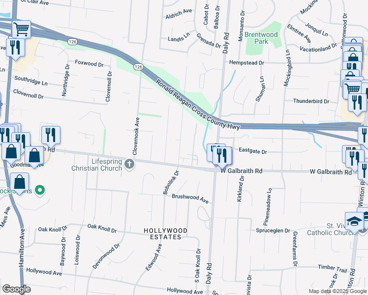 map of restaurants, bars, coffee shops, grocery stores, and more near 8268 Bobolink Avenue in Cincinnati