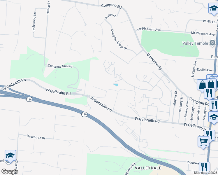 map of restaurants, bars, coffee shops, grocery stores, and more near 5515 Evergreen Ridge Drive in Cincinnati
