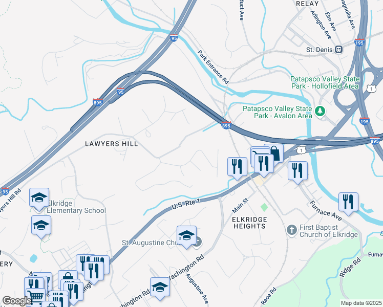 map of restaurants, bars, coffee shops, grocery stores, and more near 5847 Claremont Drive in Elkridge