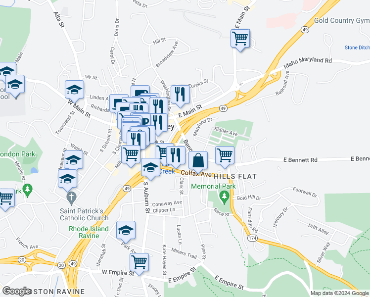 map of restaurants, bars, coffee shops, grocery stores, and more near 236 Depot Street in Grass Valley