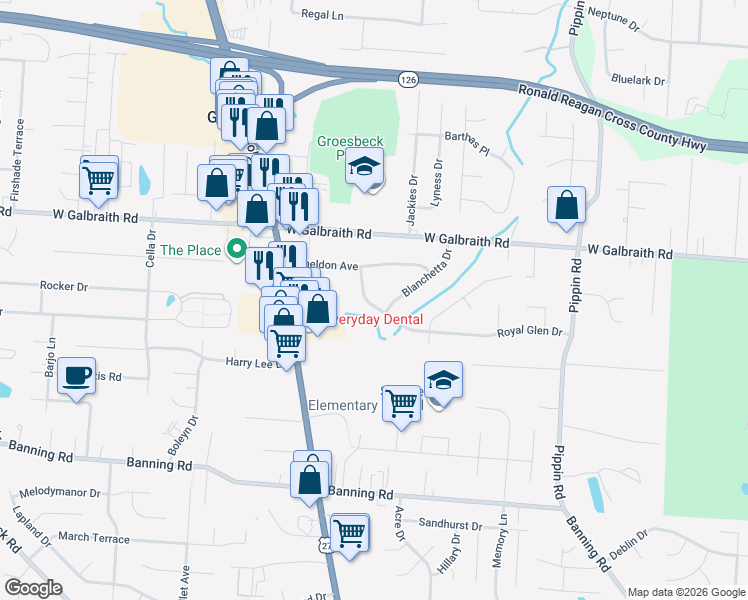 map of restaurants, bars, coffee shops, grocery stores, and more near 2922 Royal Glen Drive in Cincinnati
