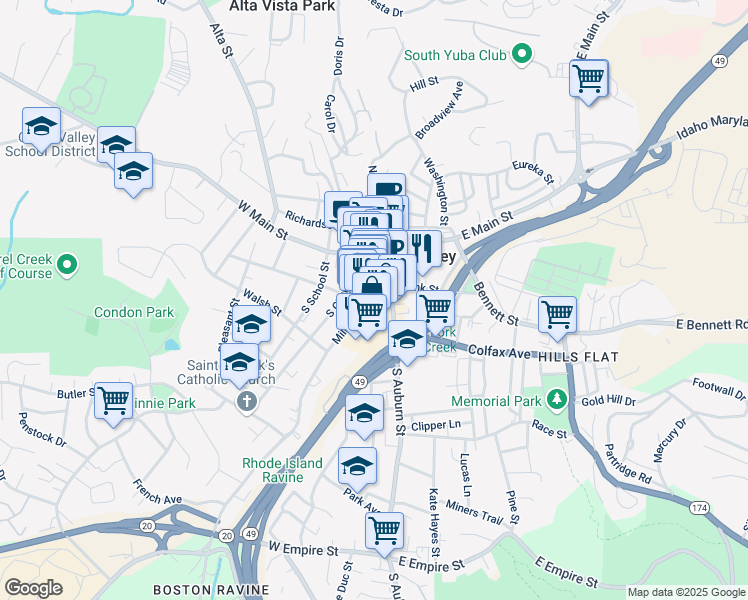 map of restaurants, bars, coffee shops, grocery stores, and more near 153 Mill Street in Grass Valley