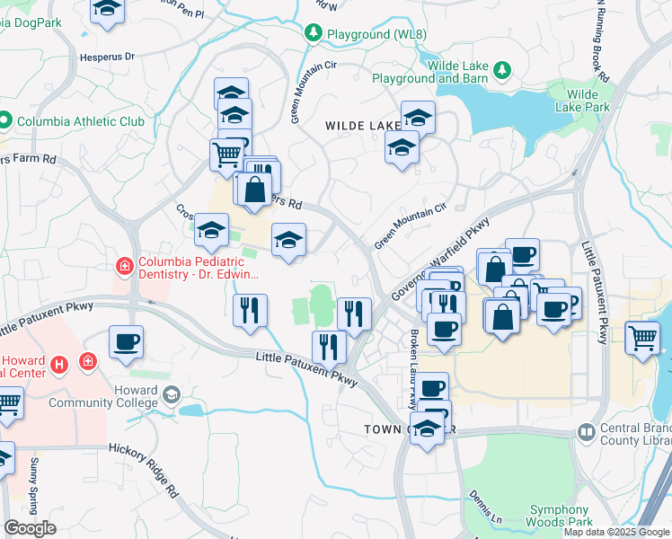map of restaurants, bars, coffee shops, grocery stores, and more near 10377 Roslyn Rise in Columbia
