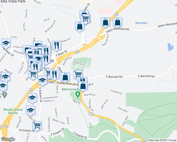 map of restaurants, bars, coffee shops, grocery stores, and more near 331 Northstar Place in Grass Valley