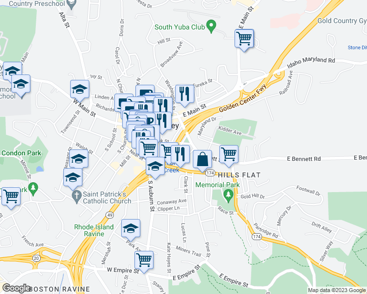 map of restaurants, bars, coffee shops, grocery stores, and more near 221 Bank Street in Grass Valley