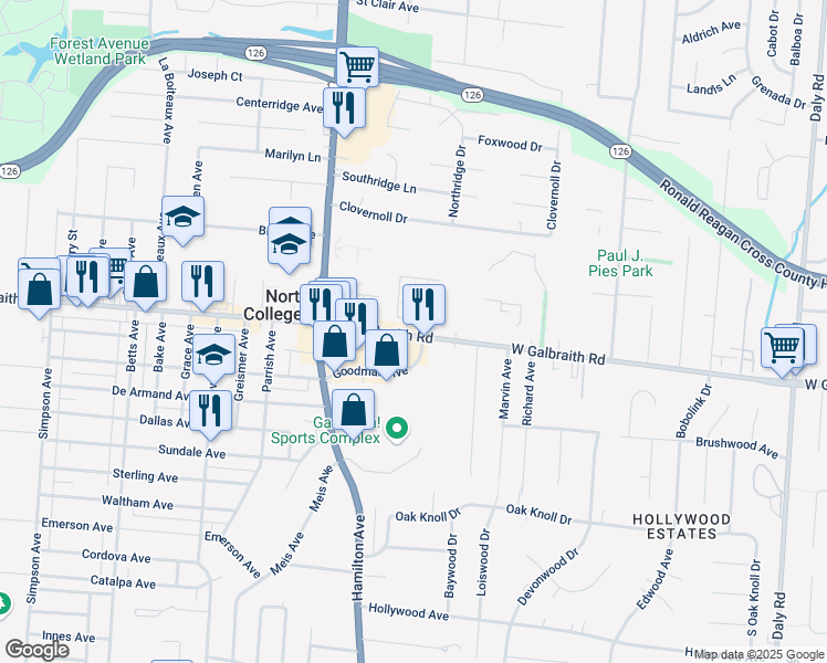 map of restaurants, bars, coffee shops, grocery stores, and more near 1560 West Galbraith Road in Cincinnati