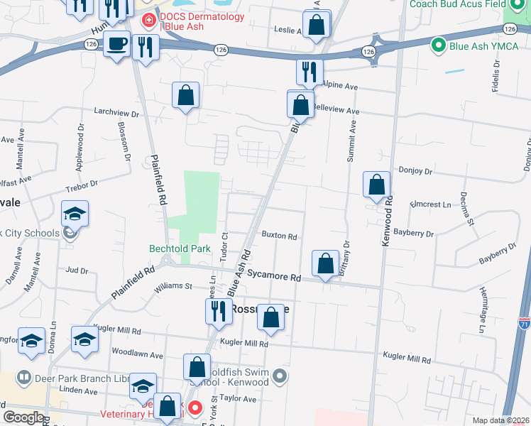 map of restaurants, bars, coffee shops, grocery stores, and more near 8712 Blue Ash Road in Cincinnati