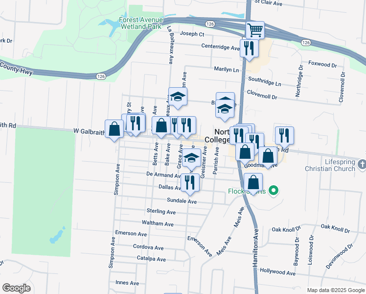 map of restaurants, bars, coffee shops, grocery stores, and more near 6839 Grace Avenue in Cincinnati
