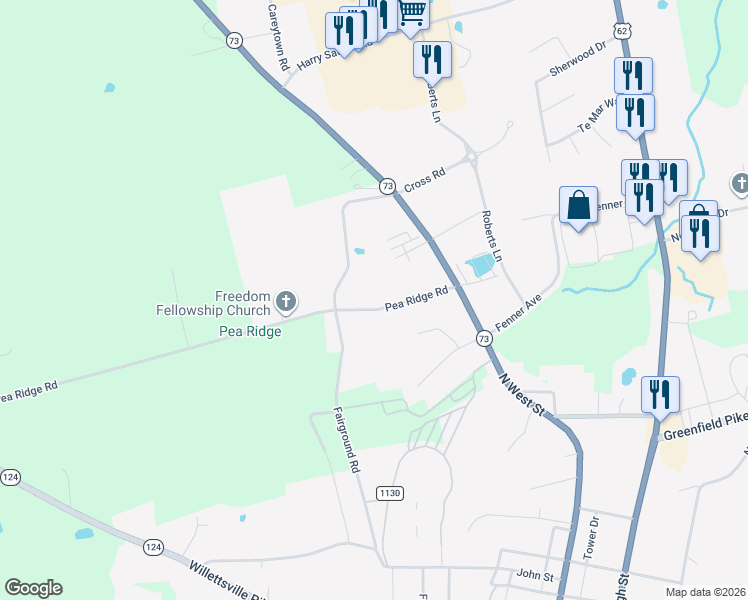 map of restaurants, bars, coffee shops, grocery stores, and more near 7560 Pea Ridge Road in Hillsboro