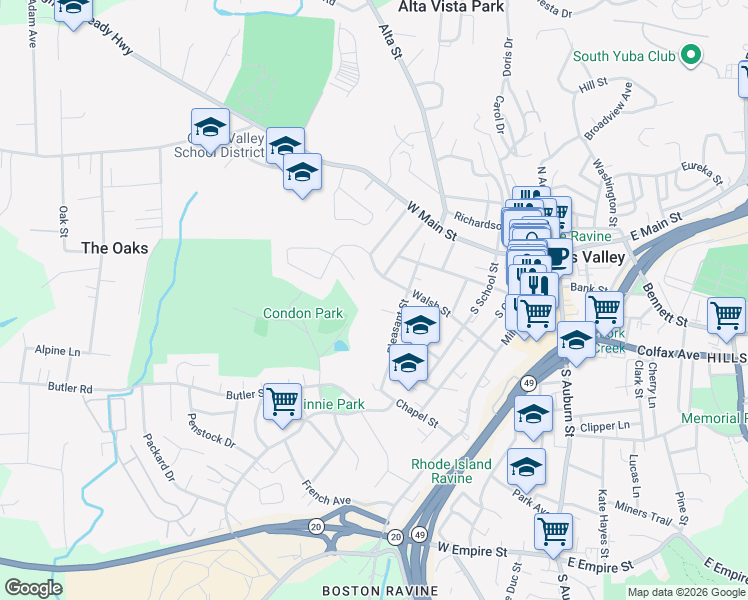 map of restaurants, bars, coffee shops, grocery stores, and more near 615 Walsh Street in Grass Valley