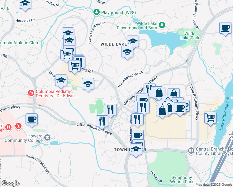 map of restaurants, bars, coffee shops, grocery stores, and more near 10325 Twin Rivers Road in Columbia
