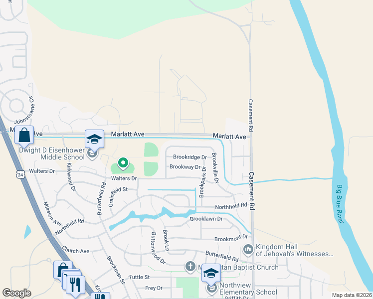 map of restaurants, bars, coffee shops, grocery stores, and more near 320 Brookridge Drive in Manhattan