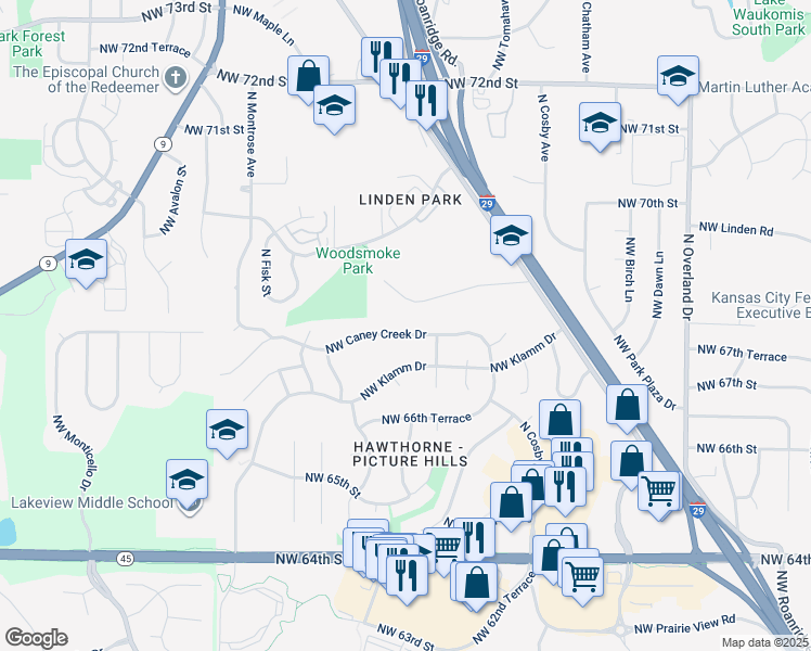 map of restaurants, bars, coffee shops, grocery stores, and more near 6108 Northwest Caney Creek Drive in Kansas City