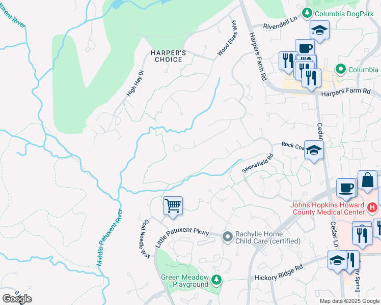map of restaurants, bars, coffee shops, grocery stores, and more near 5455 Wooded Way in Columbia