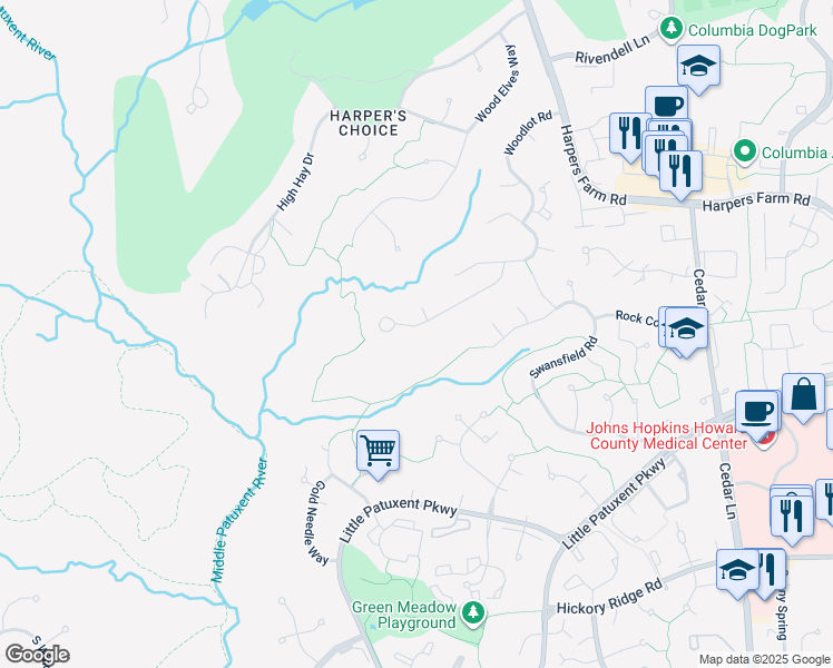 map of restaurants, bars, coffee shops, grocery stores, and more near 5455 Wooded Way in Columbia