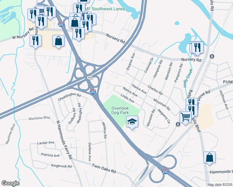 map of restaurants, bars, coffee shops, grocery stores, and more near 411 Linda Avenue in Linthicum Heights
