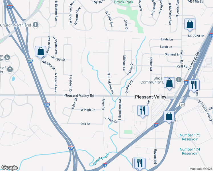 map of restaurants, bars, coffee shops, grocery stores, and more near 6808 North Brookside Road in Pleasant Valley