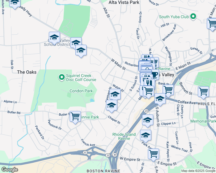 map of restaurants, bars, coffee shops, grocery stores, and more near 615 Walsh Street in Grass Valley