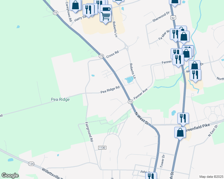 map of restaurants, bars, coffee shops, grocery stores, and more near 7608 Pea Ridge Road in Hillsboro