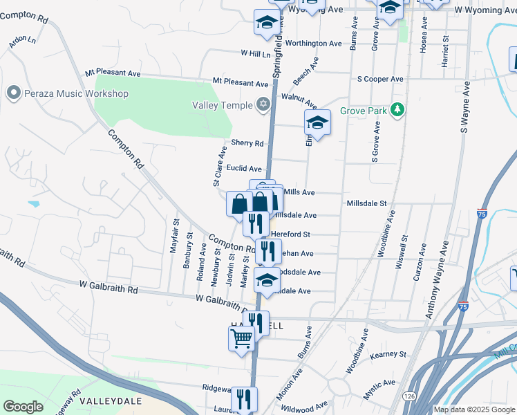 map of restaurants, bars, coffee shops, grocery stores, and more near 8451 Springfield Pike in Cincinnati
