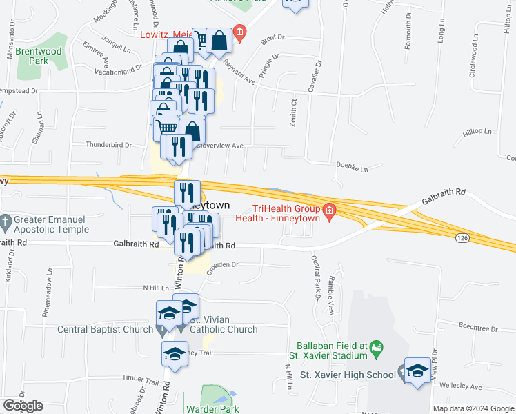 map of restaurants, bars, coffee shops, grocery stores, and more near 8232 Galbraith Point Lane in Cincinnati
