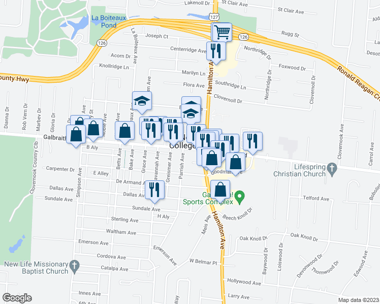 map of restaurants, bars, coffee shops, grocery stores, and more near 1611 Galbraith Road in Cincinnati