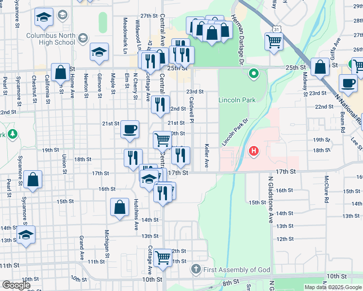 map of restaurants, bars, coffee shops, grocery stores, and more near 1840 Caldwell Place in Columbus