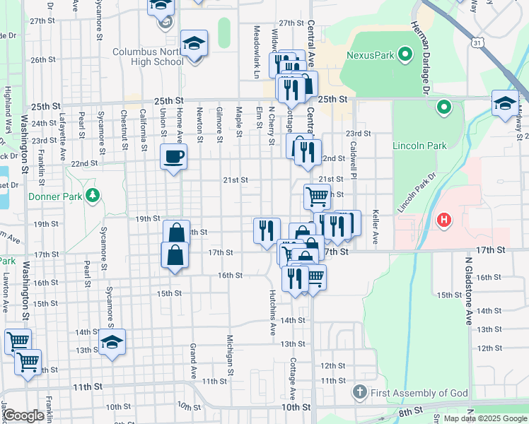 map of restaurants, bars, coffee shops, grocery stores, and more near 1610 19th Street in Columbus